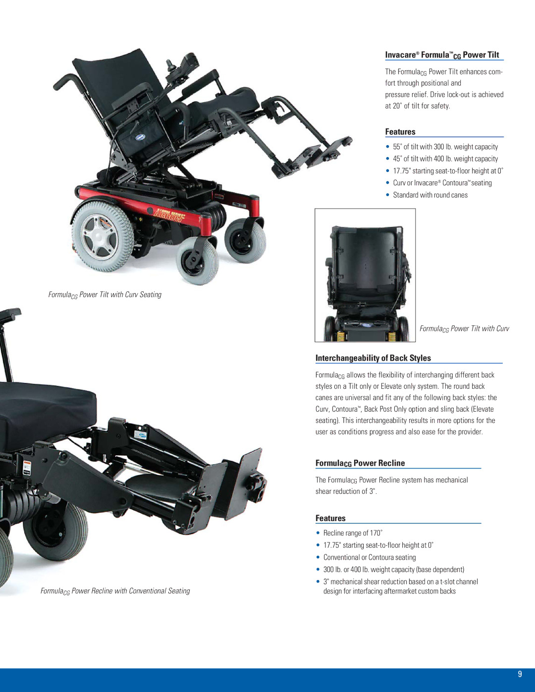 Invacare Invacare Ranger X, Invacare torque 3 Invacare FormulaCG Power Tilt, Features, Interchangeability of Back Styles 