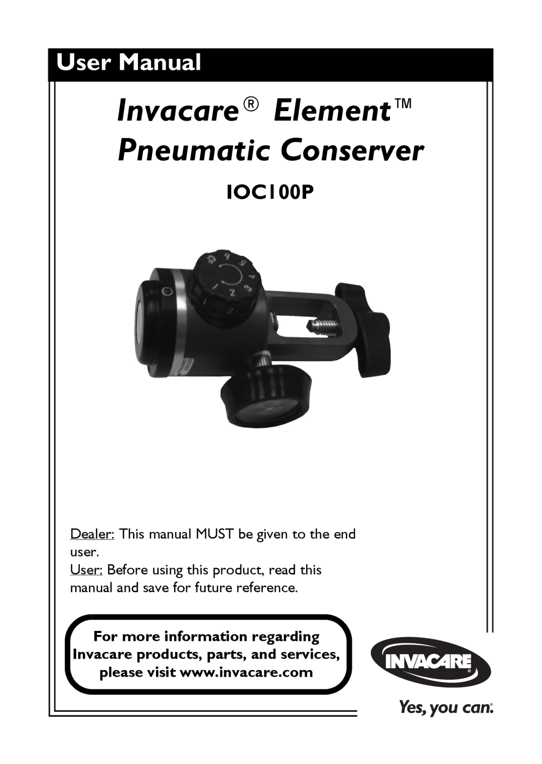 Invacare IOC100P user manual Invacare Element Pneumatic Conserver 