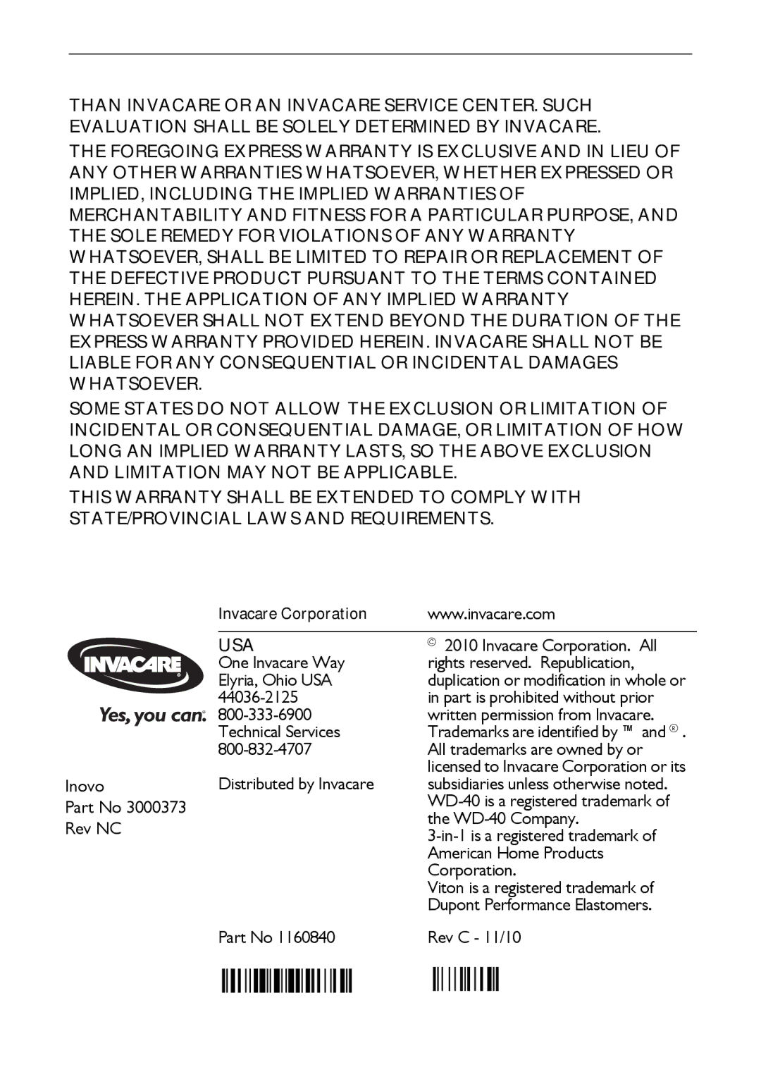 Invacare IOC100P user manual Usa 