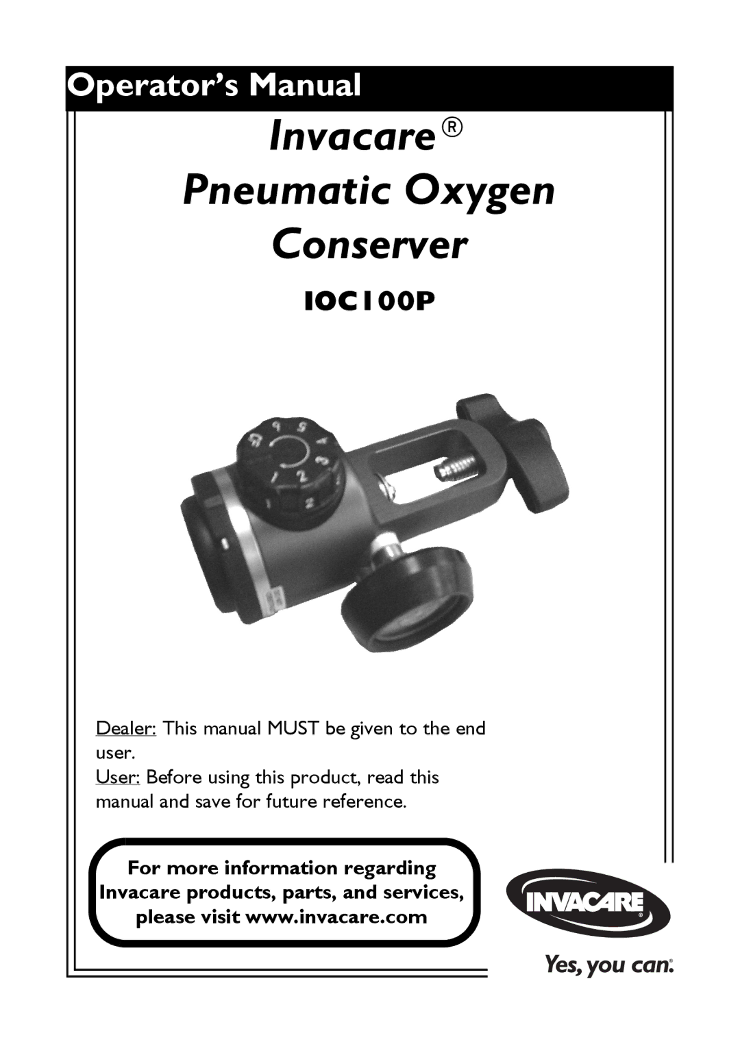 Invacare IOC100P manual Invacare Pneumatic Oxygen Conserver 