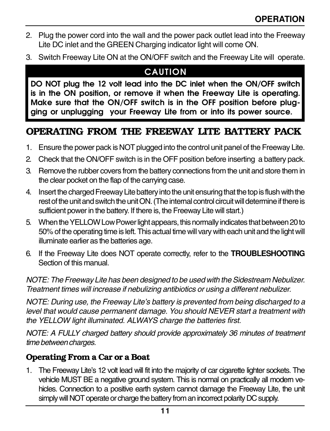 Invacare IRC 1195 owner manual Operating from the Freeway Lite Battery Pack, Operating From a Car or a Boat 