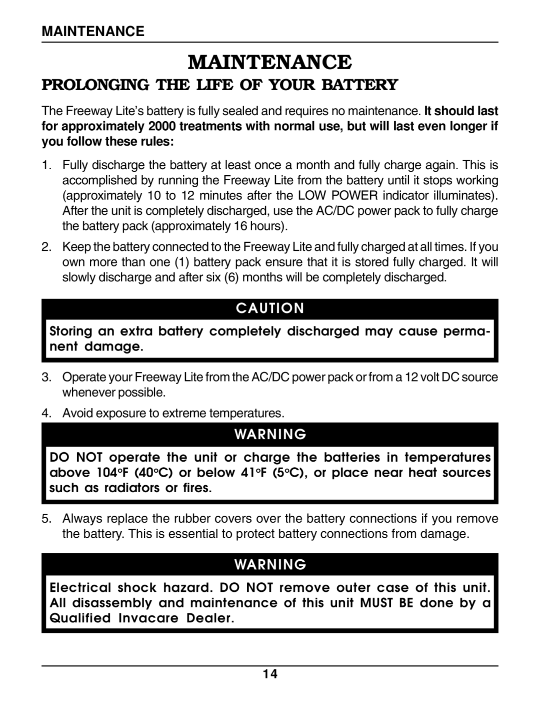 Invacare IRC 1195 owner manual Maintenance, Prolonging the Life of Your Battery 