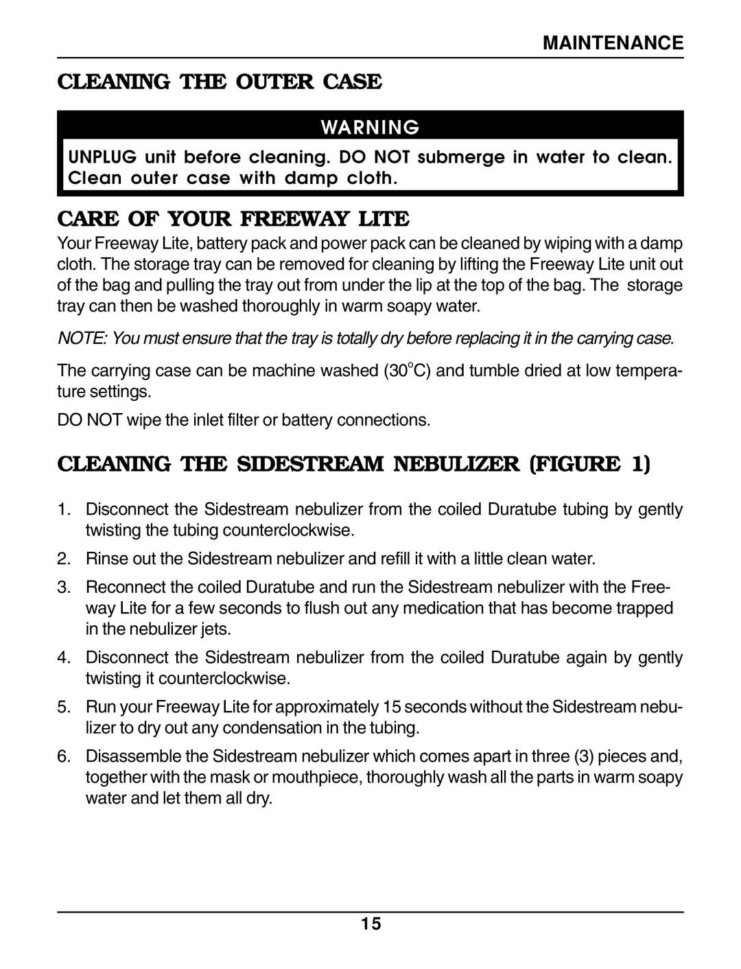 Invacare IRC 1195 owner manual Cleaning the Outer Case, Care of Your Freeway Lite, Cleaning the Sidestream Nebulizer Figure 