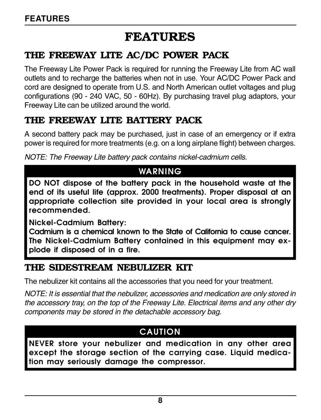 Invacare IRC 1195 owner manual Freeway Lite AC/DC Power Pack, Freeway Lite Battery Pack, Sidestream Nebulizer KIT 