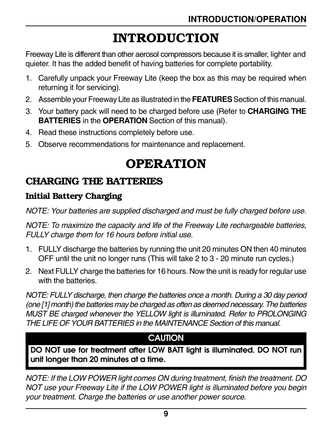 Invacare IRC 1195 owner manual Introduction, Operation, Charging the Batteries, Initial Battery Charging 