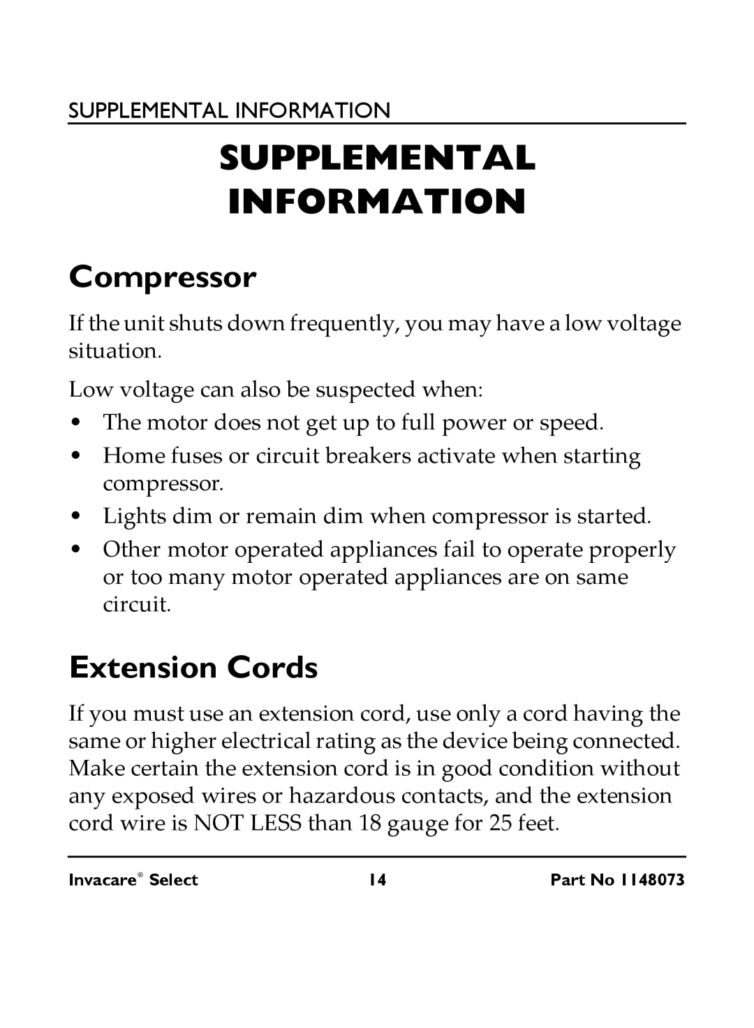 Invacare IRC 1705 manual Supplemental Information, Compressor, Extension Cords 