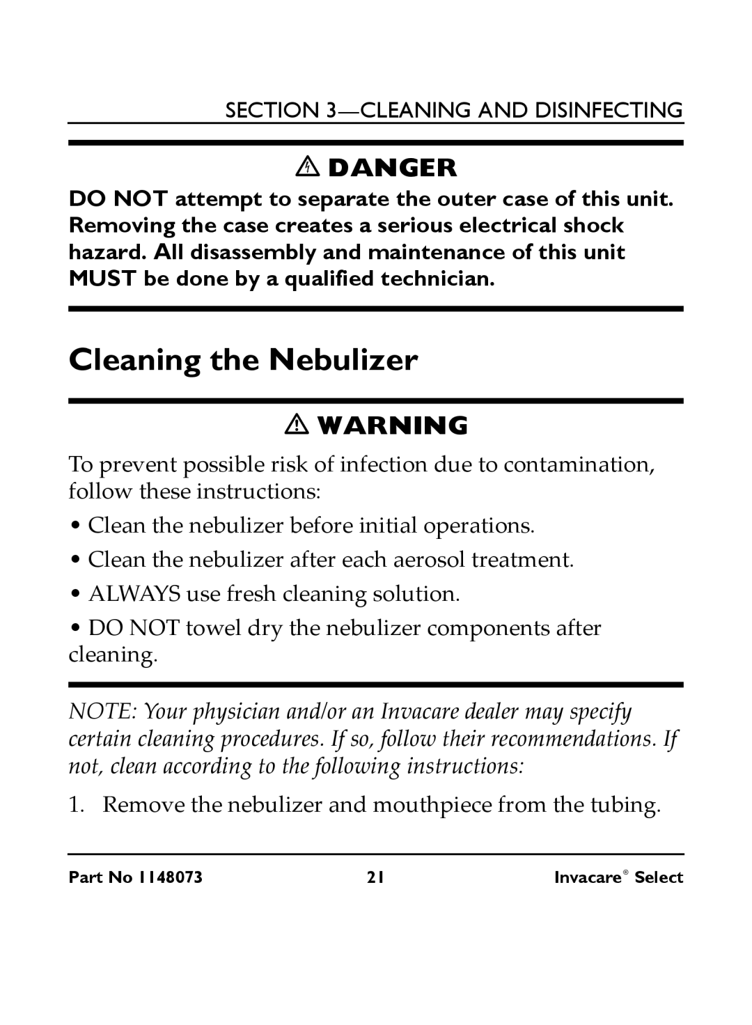 Invacare IRC 1705 manual Cleaning the Nebulizer 