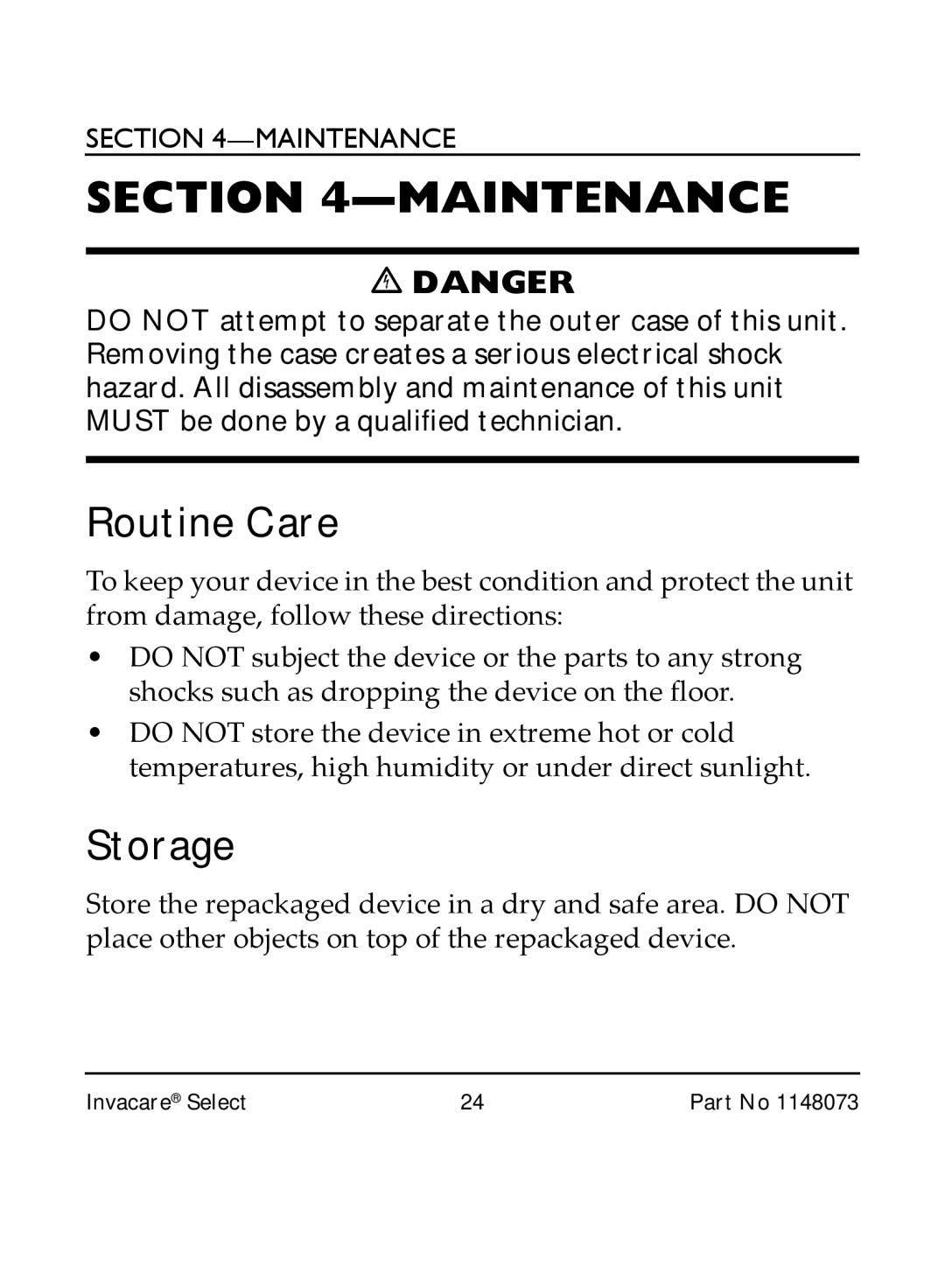 Invacare IRC 1705 manual Maintenance, Routine Care, Storage 