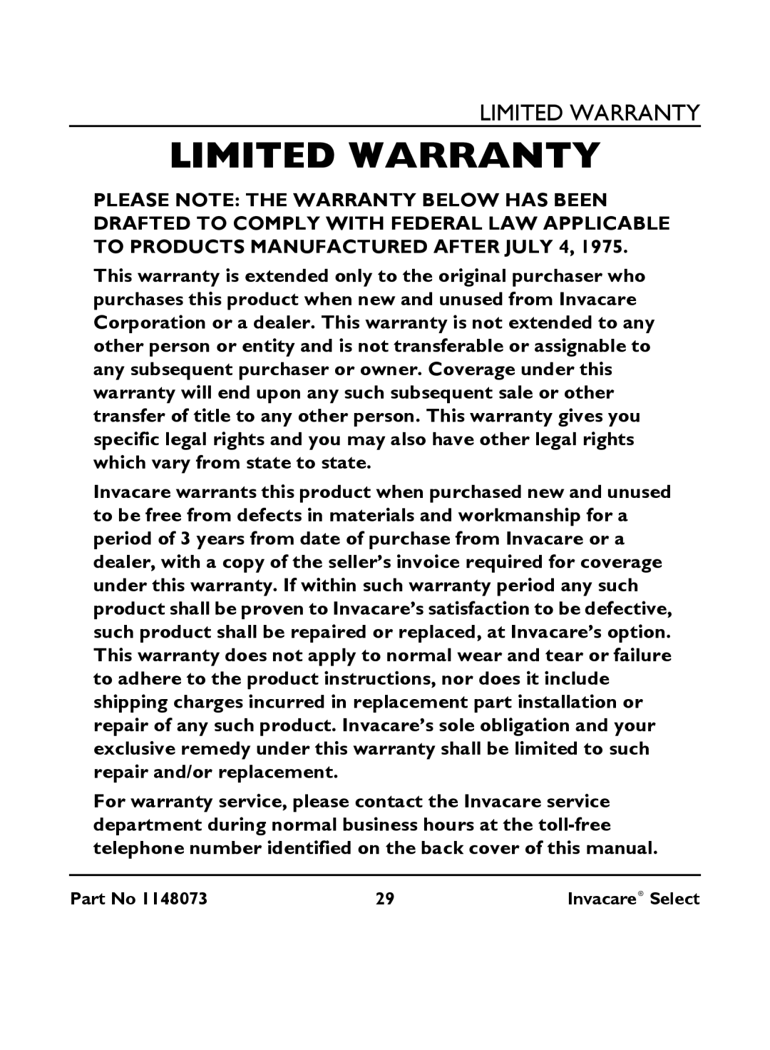 Invacare IRC 1705 manual Limited Warranty 