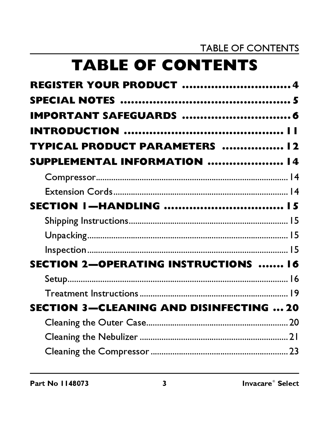 Invacare IRC 1705 manual Table of Contents 