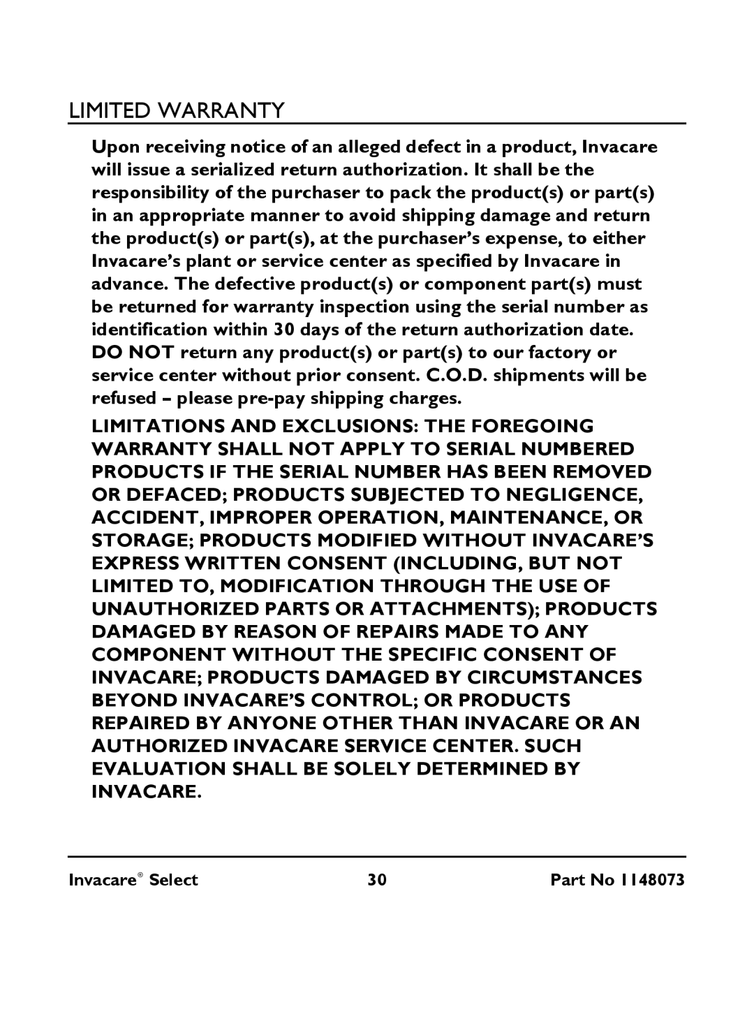 Invacare IRC 1705 manual Limited Warranty 