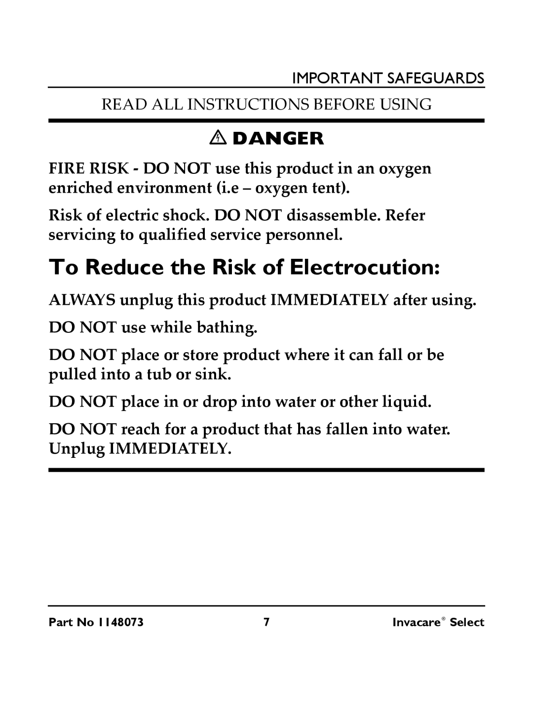 Invacare IRC 1705 manual To Reduce the Risk of Electrocution 