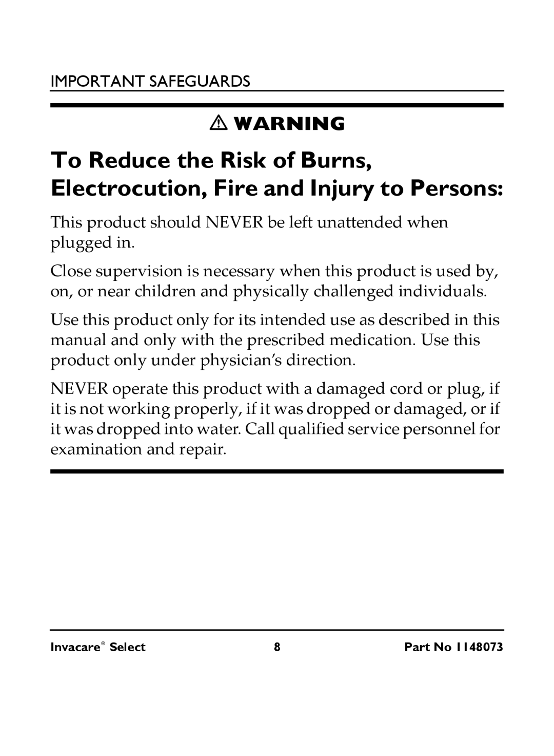 Invacare IRC 1705 manual Important Safeguards 