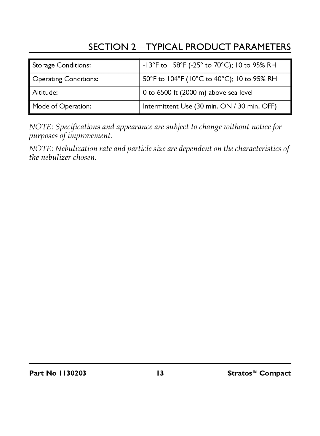 Invacare IRC 1710 user manual Typical Product Parameters 