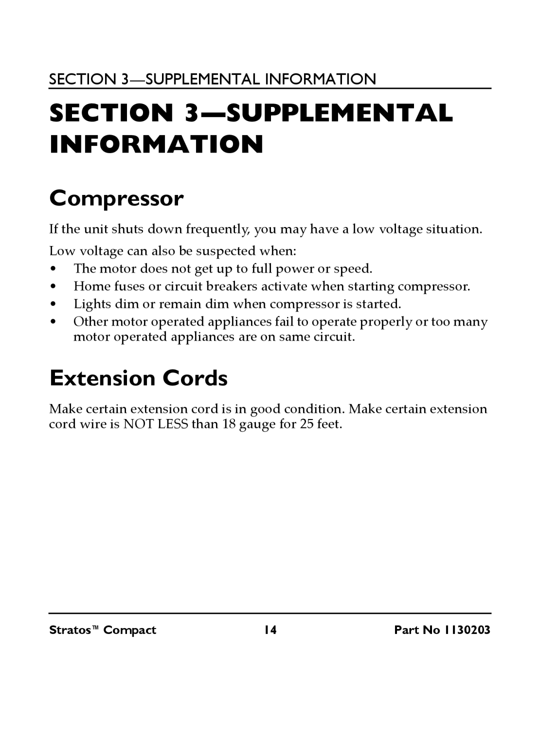 Invacare IRC 1710 user manual Supplemental Information, Compressor, Extension Cords 