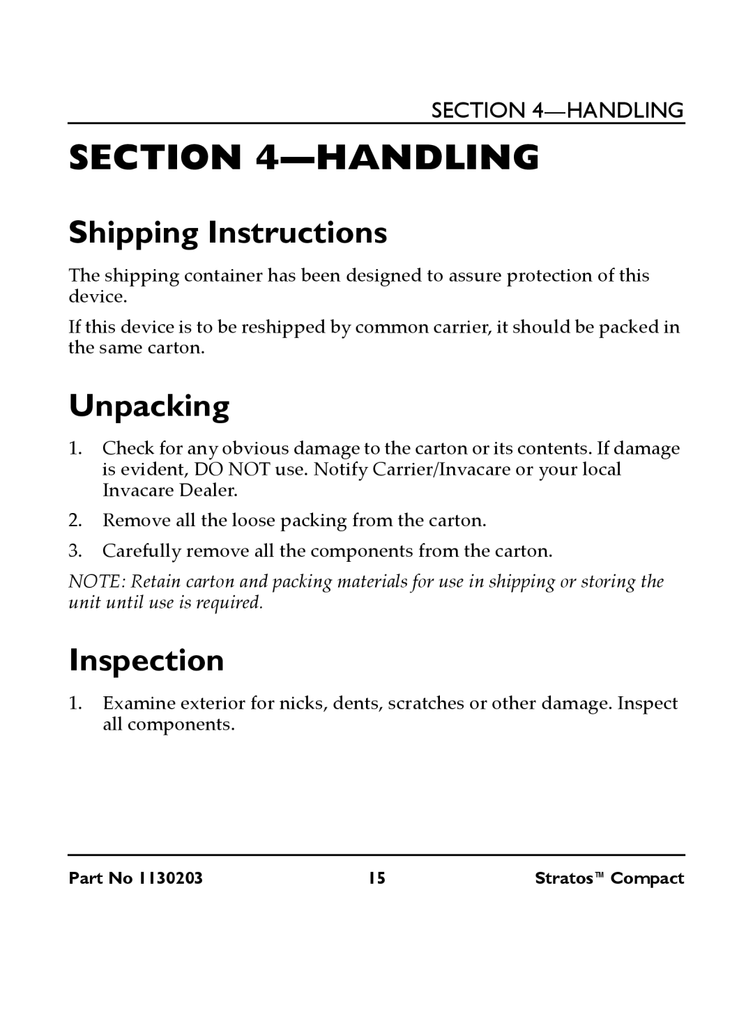 Invacare IRC 1710 user manual Handling, Shipping Instructions, Unpacking, Inspection 