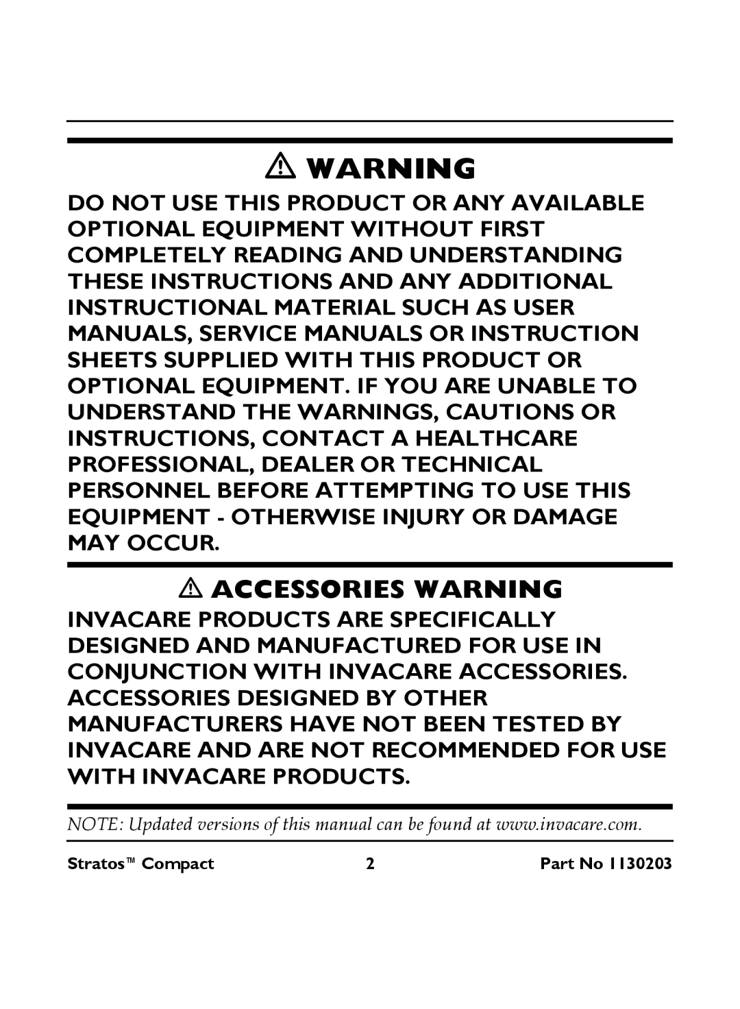 Invacare IRC 1710 user manual Accessories Warning 