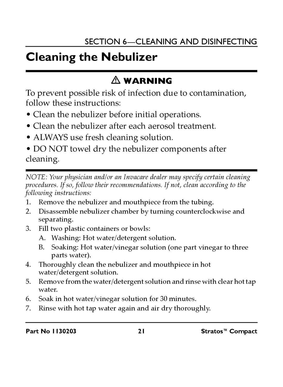 Invacare IRC 1710 user manual Cleaning the Nebulizer 