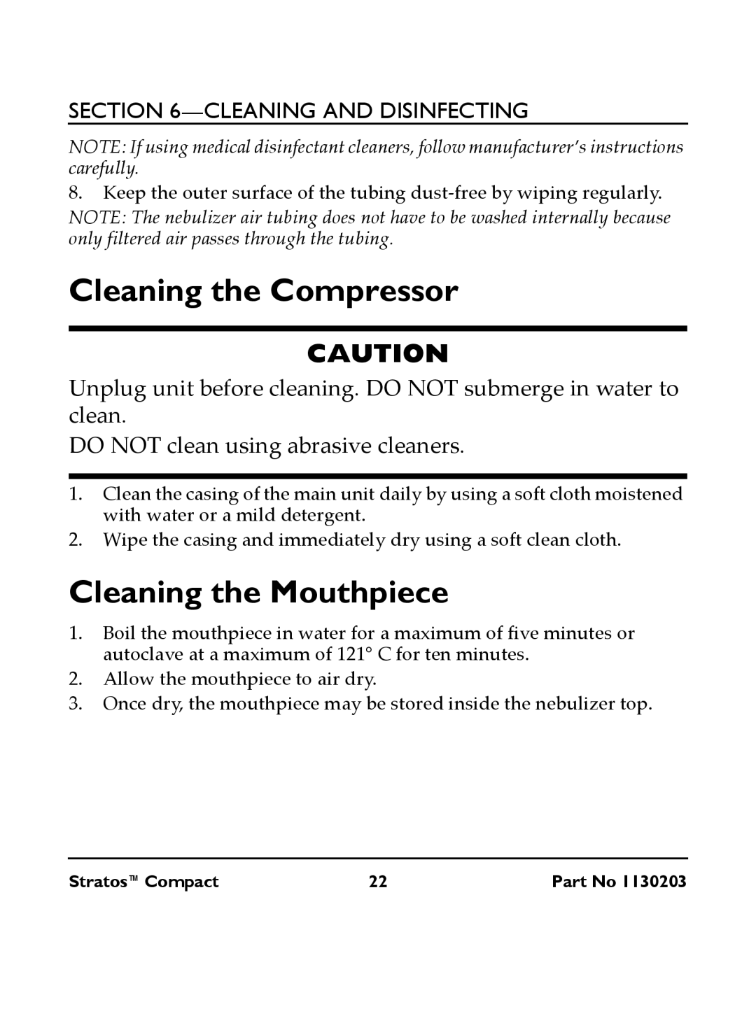 Invacare IRC 1710 user manual Cleaning the Compressor, Cleaning the Mouthpiece 