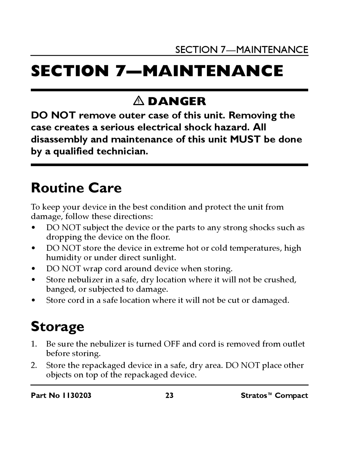 Invacare IRC 1710 user manual Maintenance, Routine Care, Storage 