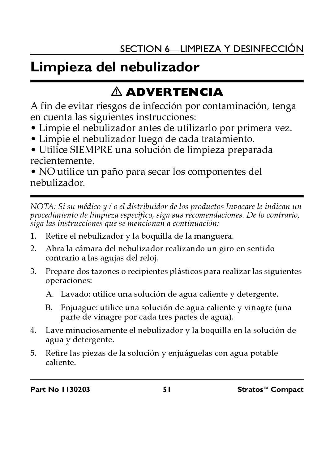 Invacare IRC 1710 user manual Limpieza del nebulizador 