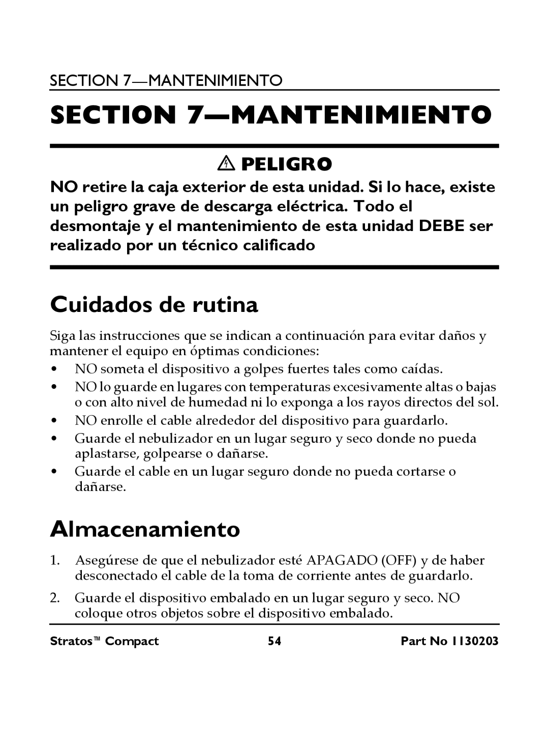 Invacare IRC 1710 user manual Mantenimiento, Cuidados de rutina, Almacenamiento 