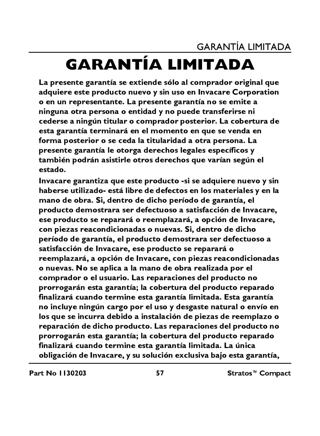 Invacare IRC 1710 user manual Garantía Limitada 