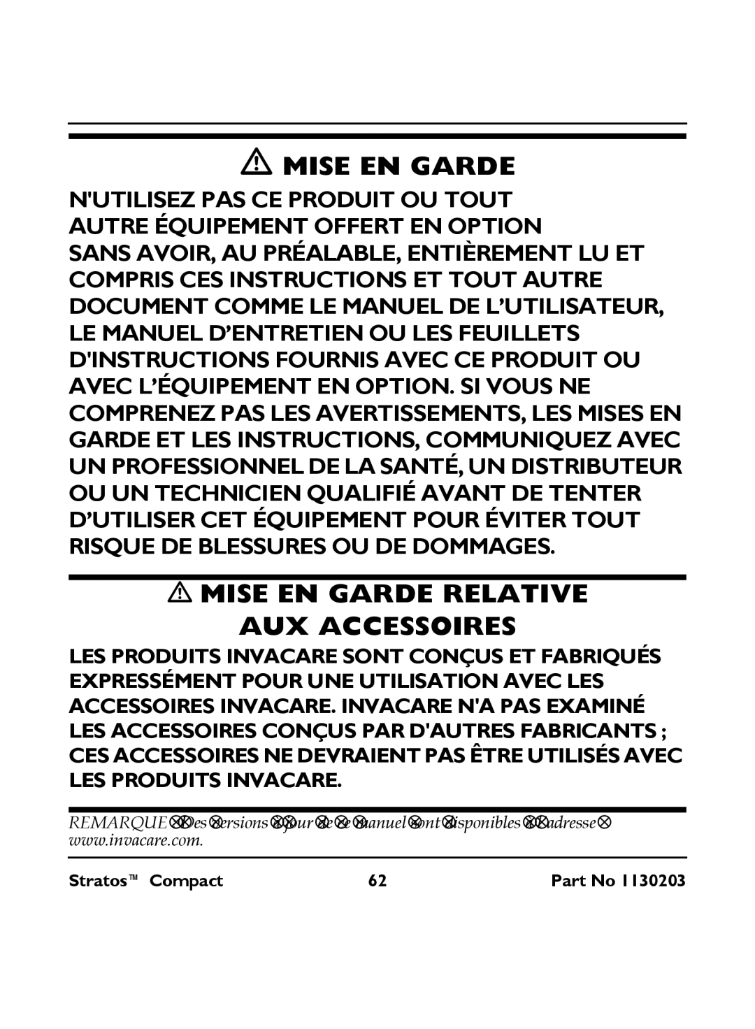 Invacare IRC 1710 user manual Mise EN Garde 