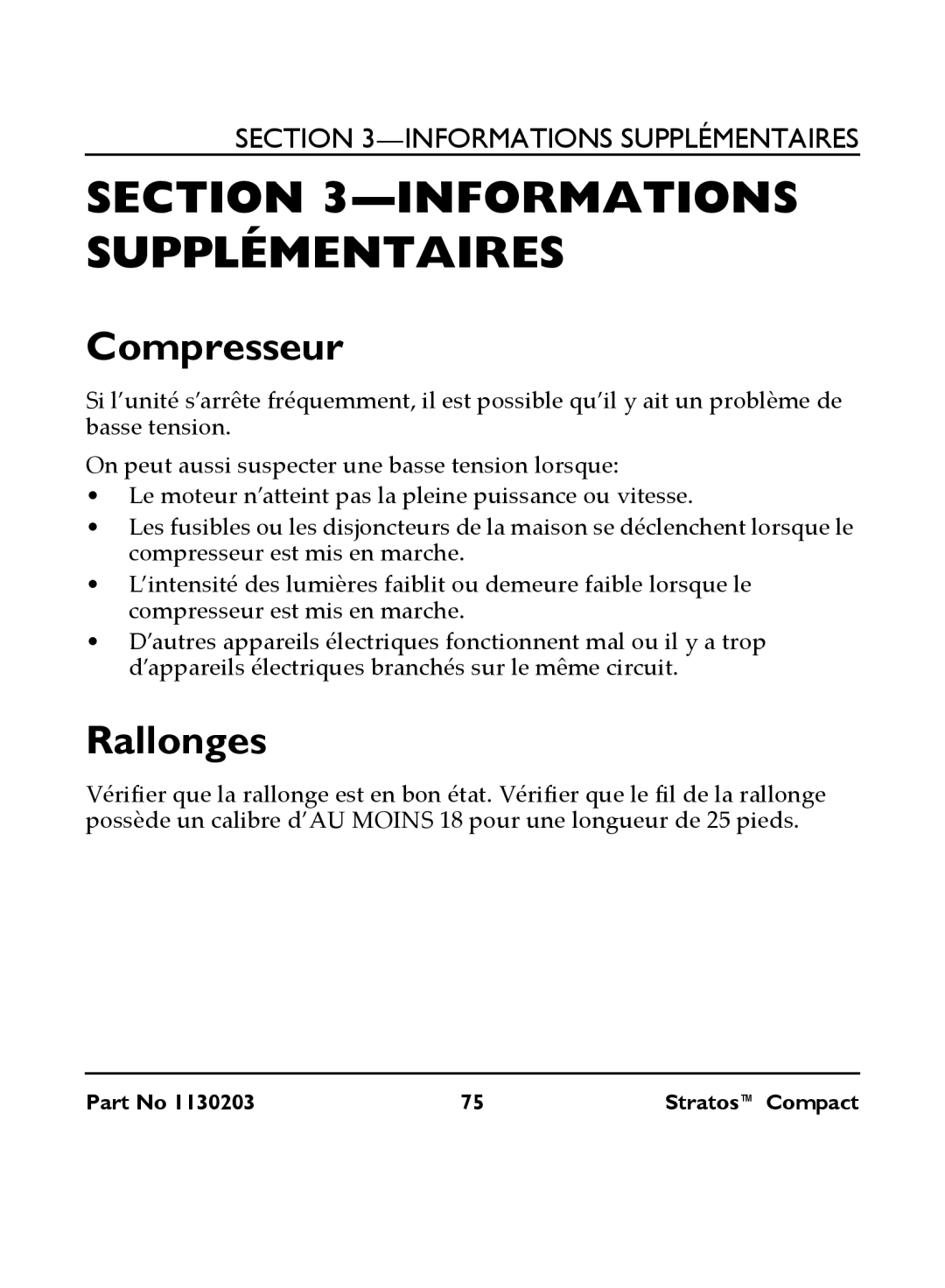 Invacare IRC 1710 user manual Informations Supplémentaires, Compresseur, Rallonges 