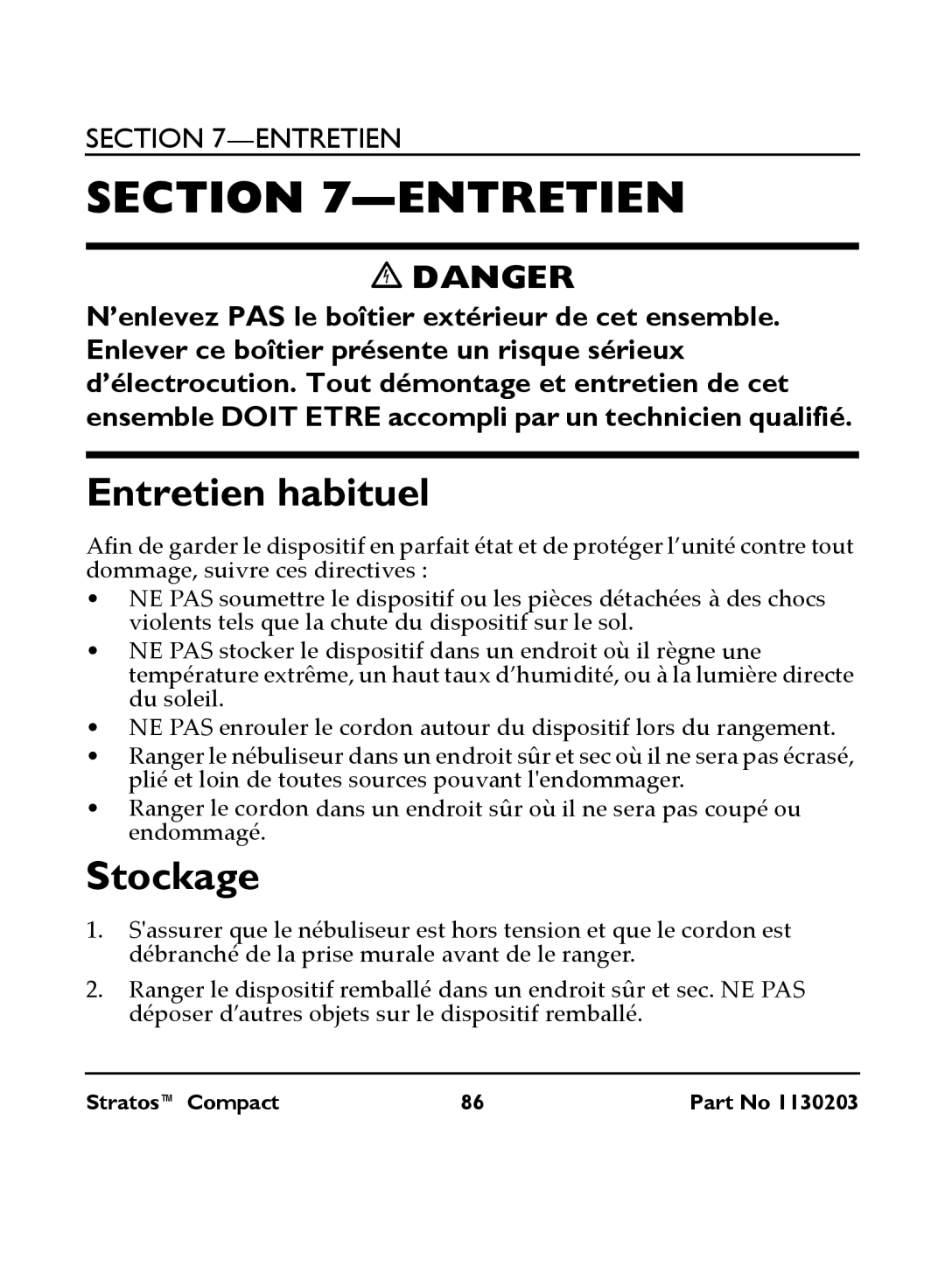 Invacare IRC 1710 user manual Entretien habituel, Stockage 