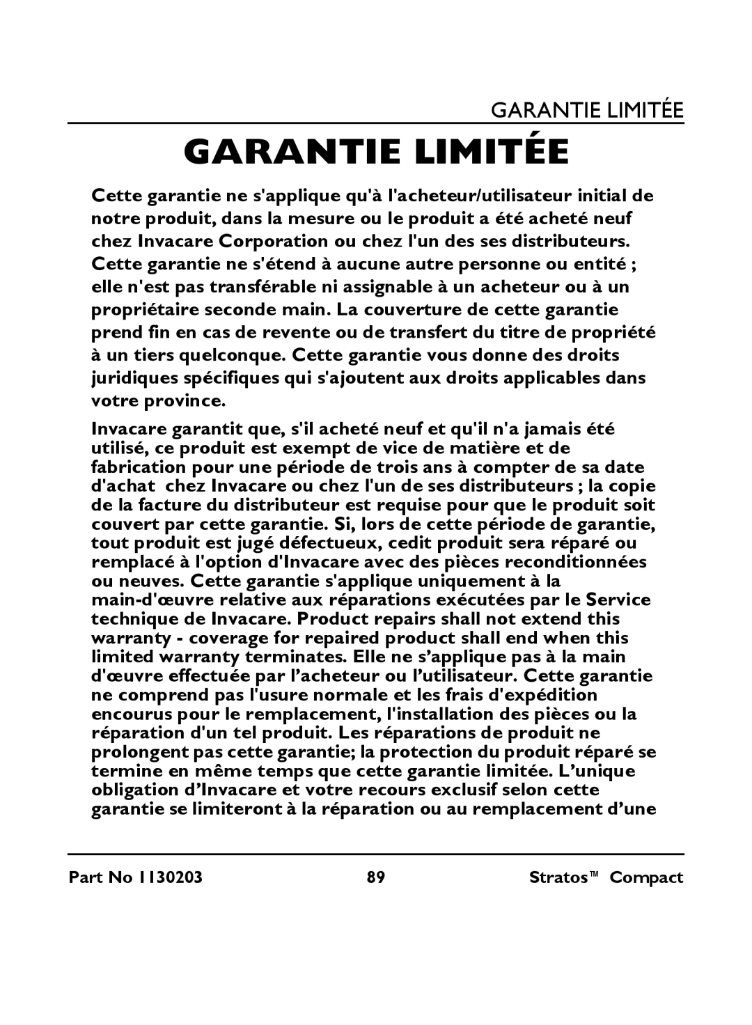 Invacare IRC 1710 user manual Garantie Limitée 