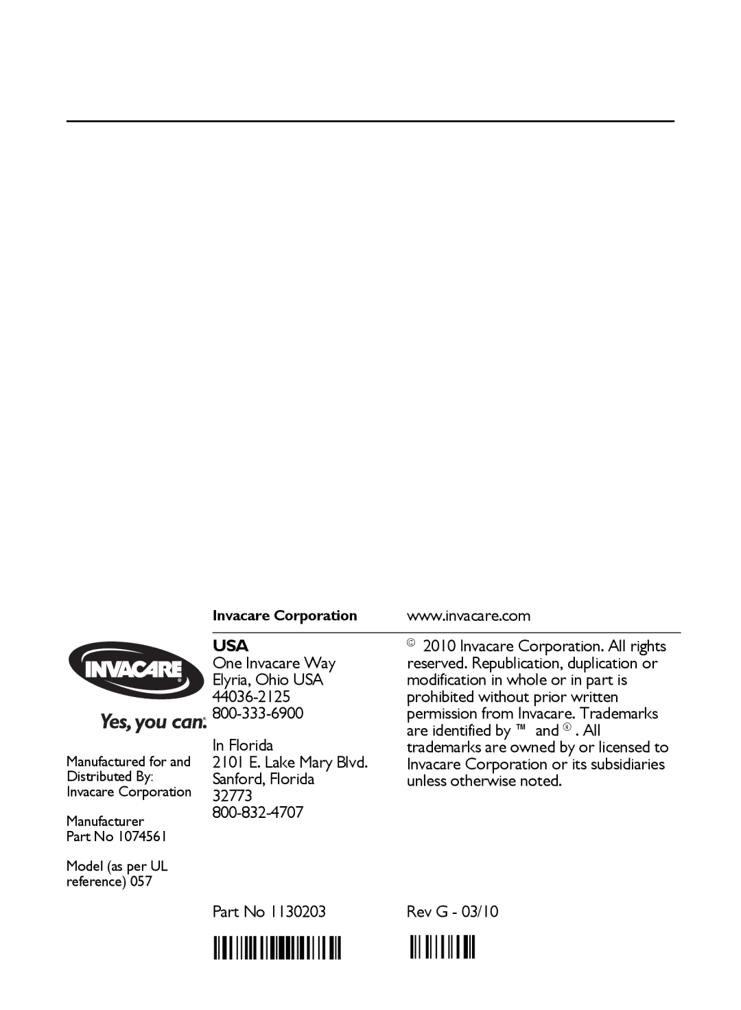 Invacare IRC 1710 user manual Usa 