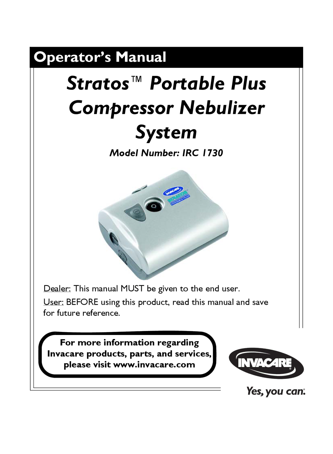 Invacare IRC 1730 manual StratosPortable Plus Compressor Nebulizer System 