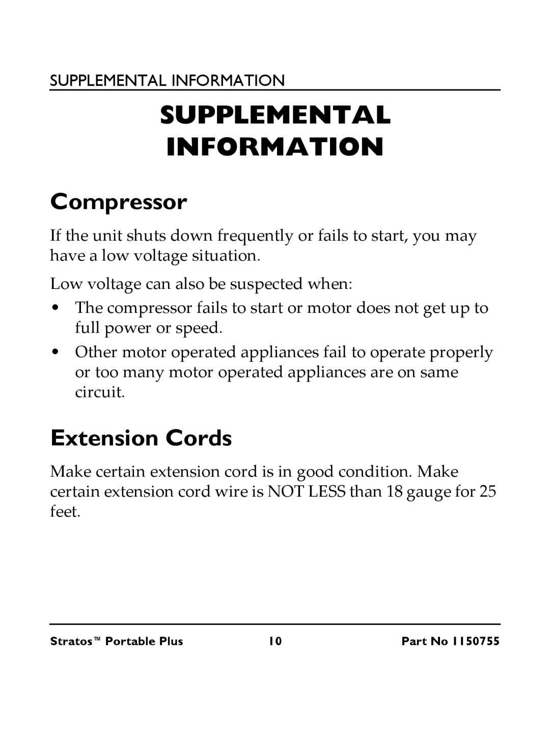 Invacare IRC 1730 manual Supplemental Information, Compressor, Extension Cords 