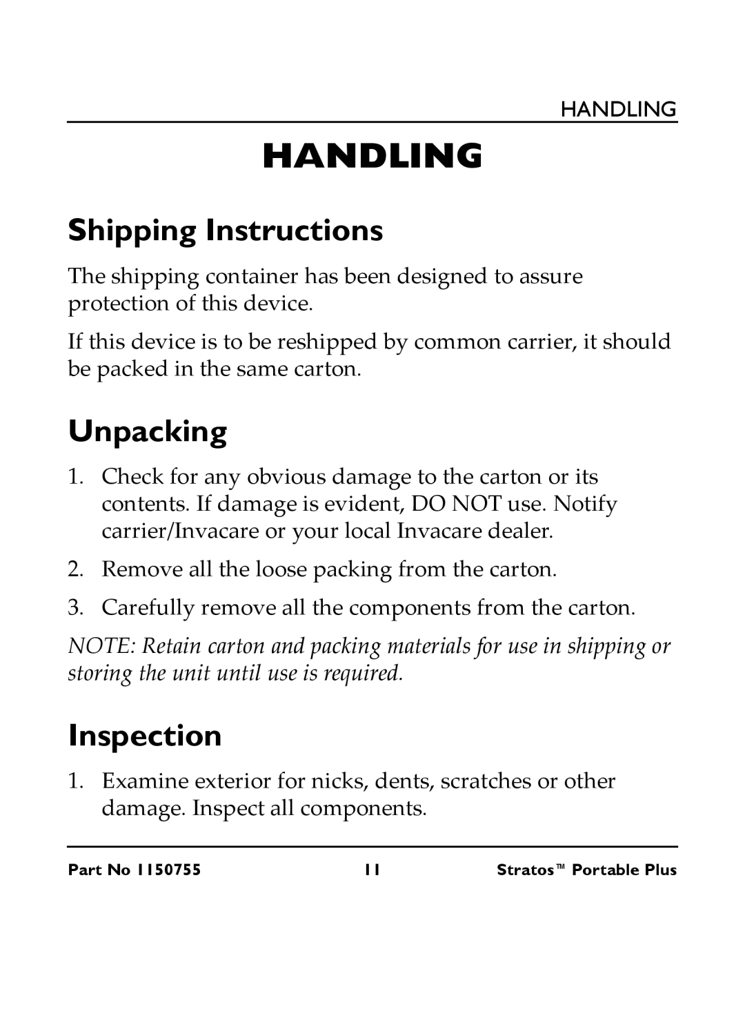 Invacare IRC 1730 manual Handling, Shipping Instructions, Unpacking, Inspection 