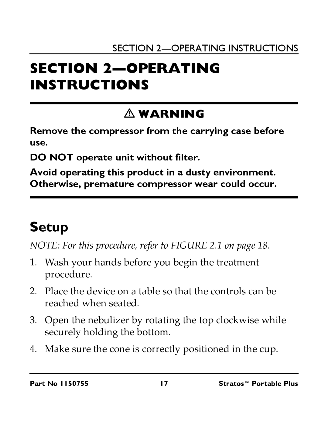 Invacare IRC 1730 manual Operating Instructions, Setup 