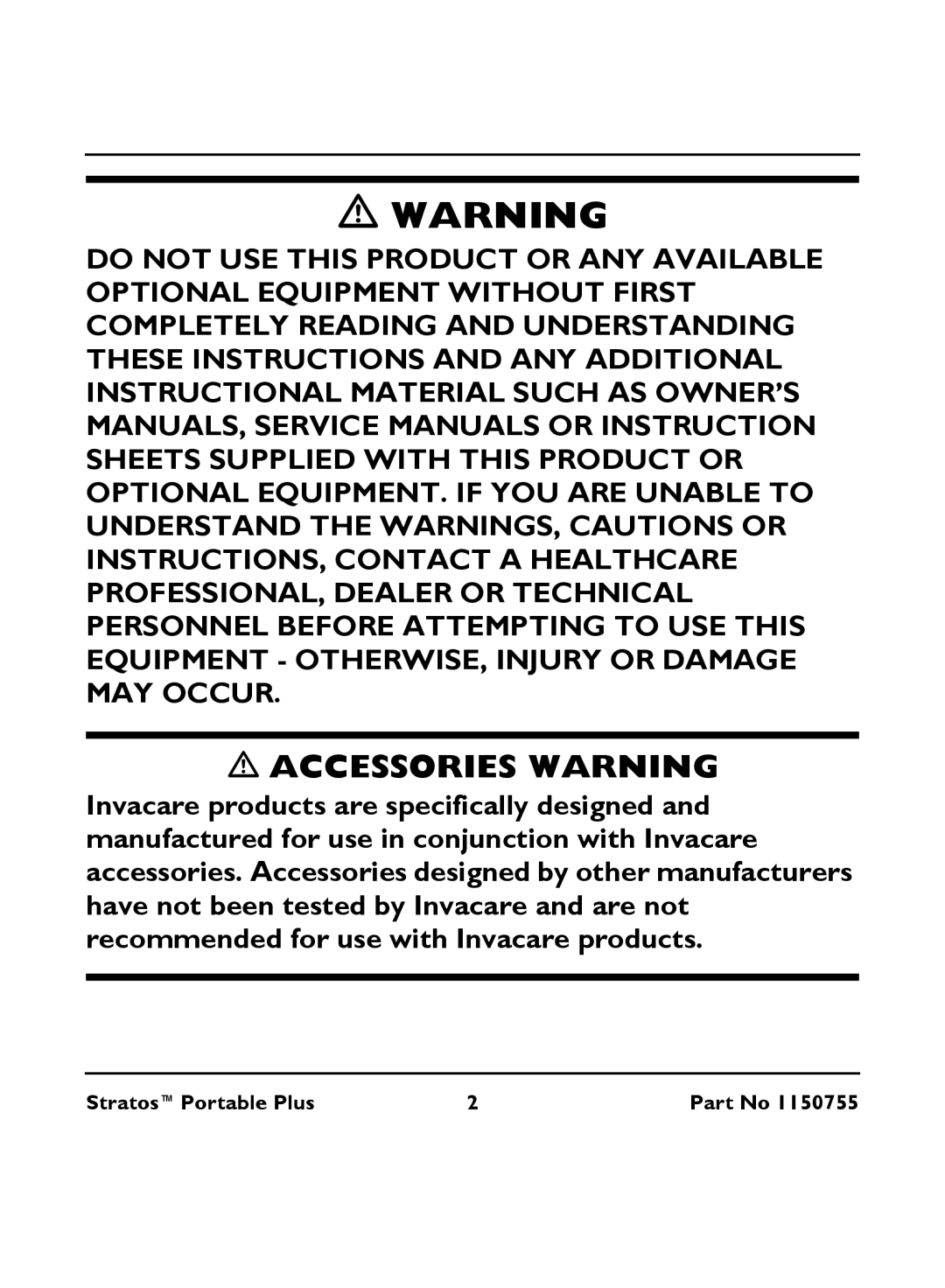 Invacare IRC 1730 manual Accessories Warning 