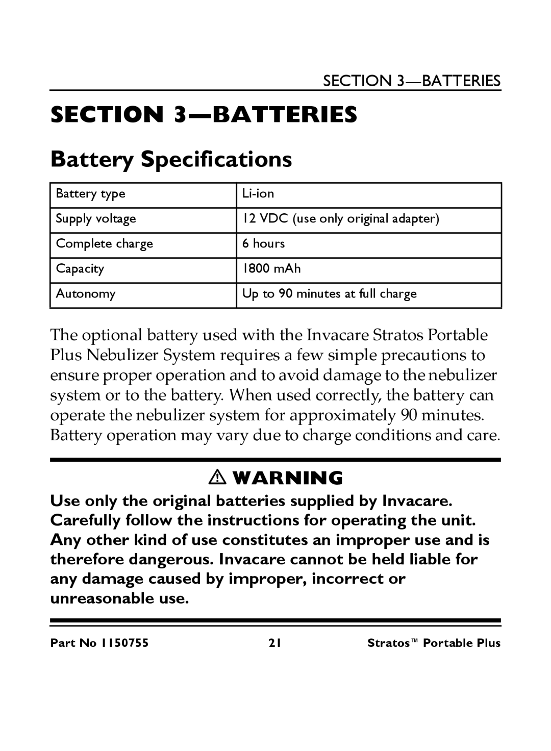 Invacare IRC 1730 manual Batteries, Battery Specifications 