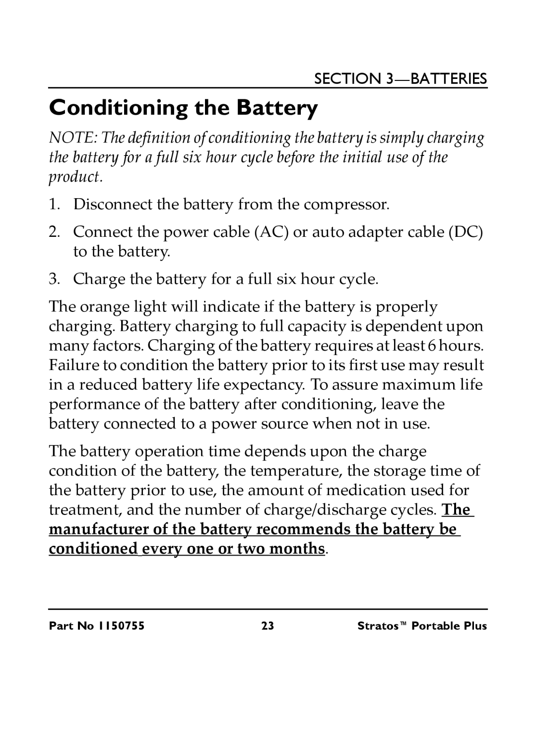 Invacare IRC 1730 manual Conditioning the Battery 