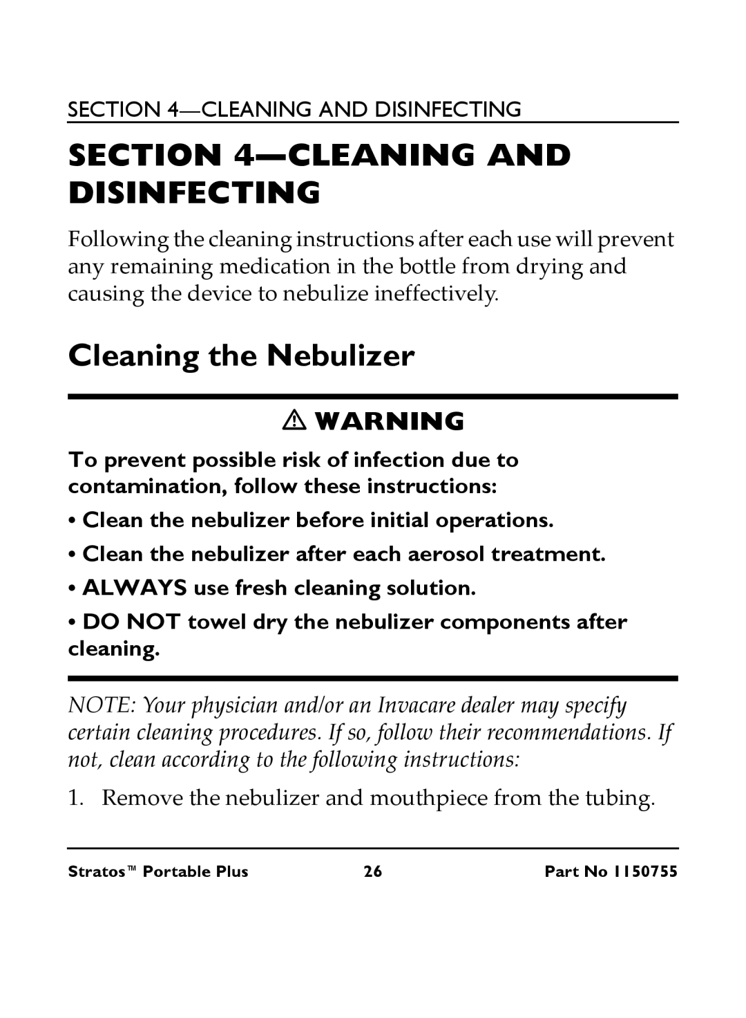 Invacare IRC 1730 manual Cleaning and Disinfecting, Cleaning the Nebulizer 