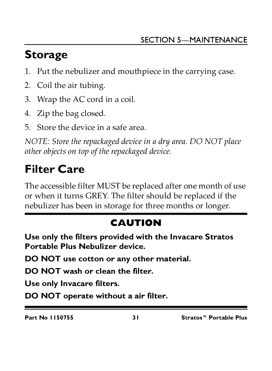 Invacare IRC 1730 manual Storage, Filter Care 