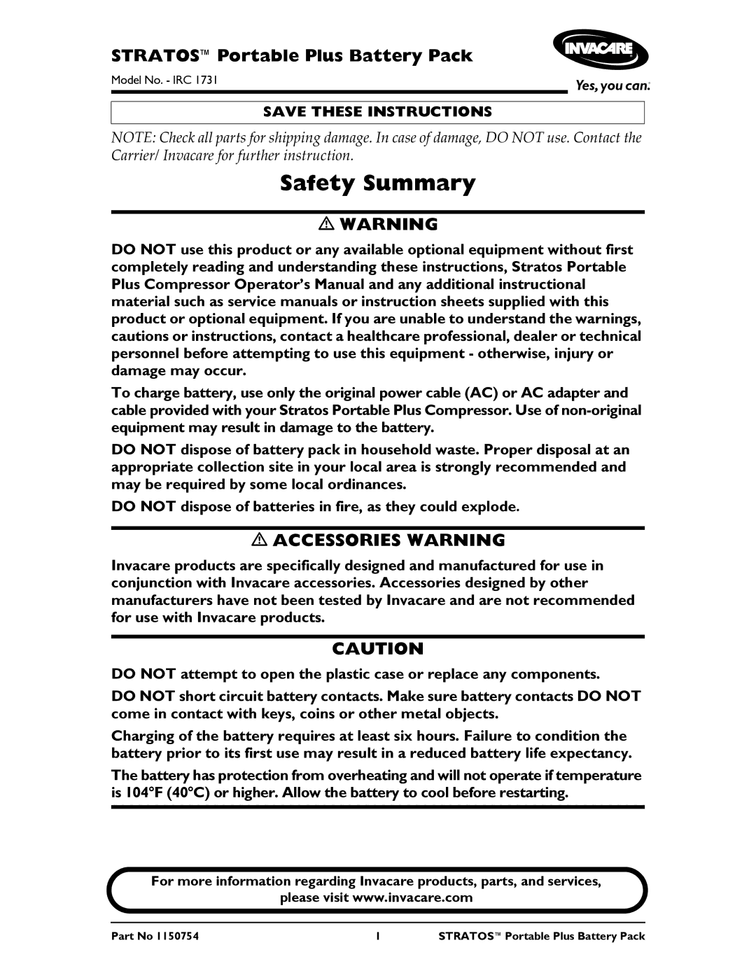 Invacare IRC 1731 service manual Safety Summary, Accessories Warning 