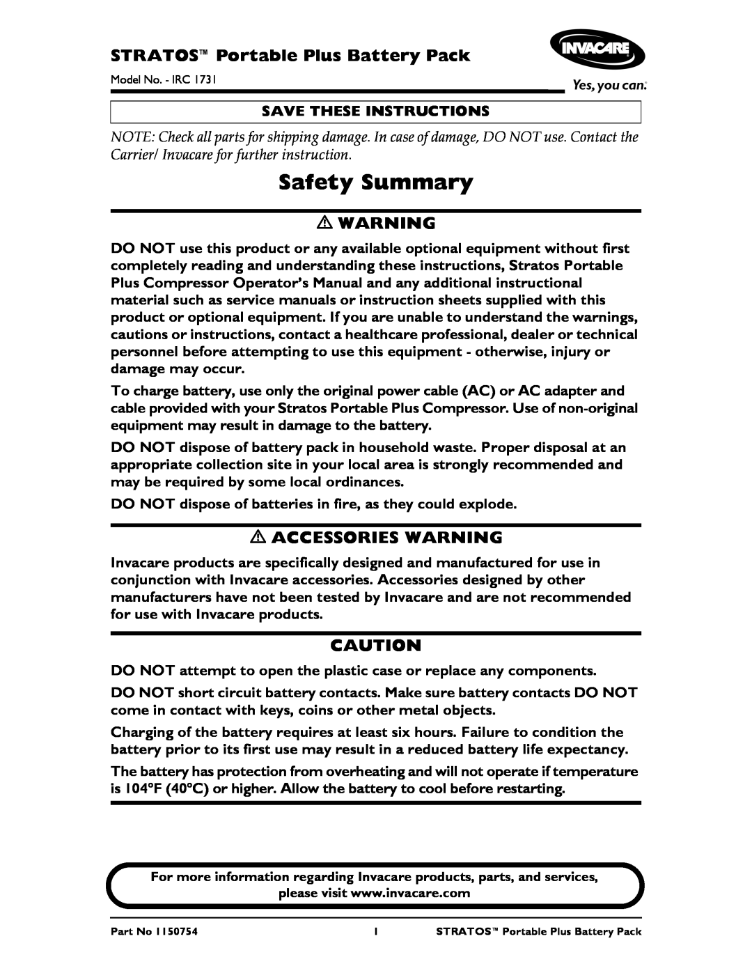 Invacare IRC 1731 service manual Safety Summary, STRATOSPortable Plus Battery Pack, Accessories Warning 