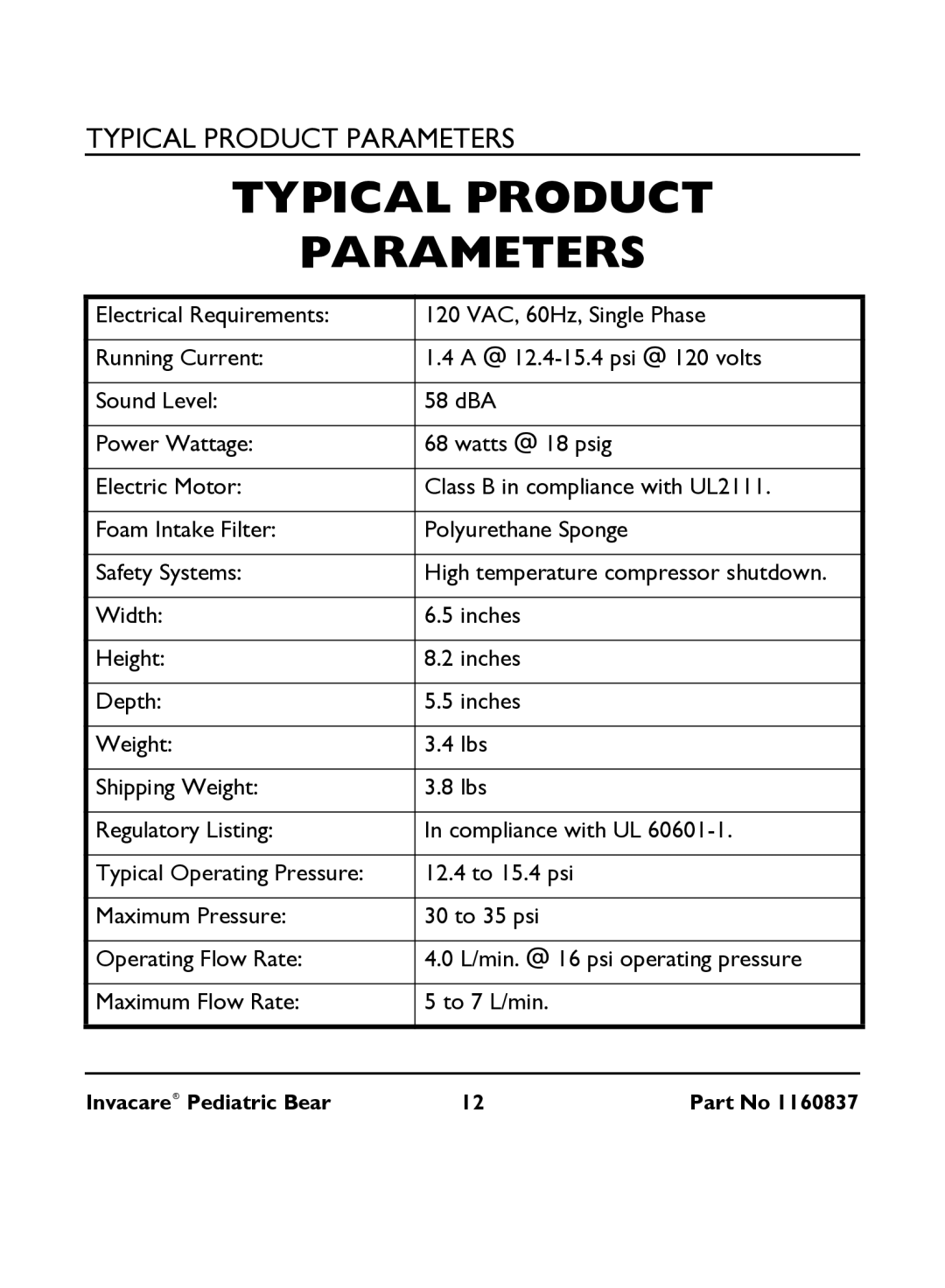 Invacare IRC 1740 manual Typical Product Parameters 