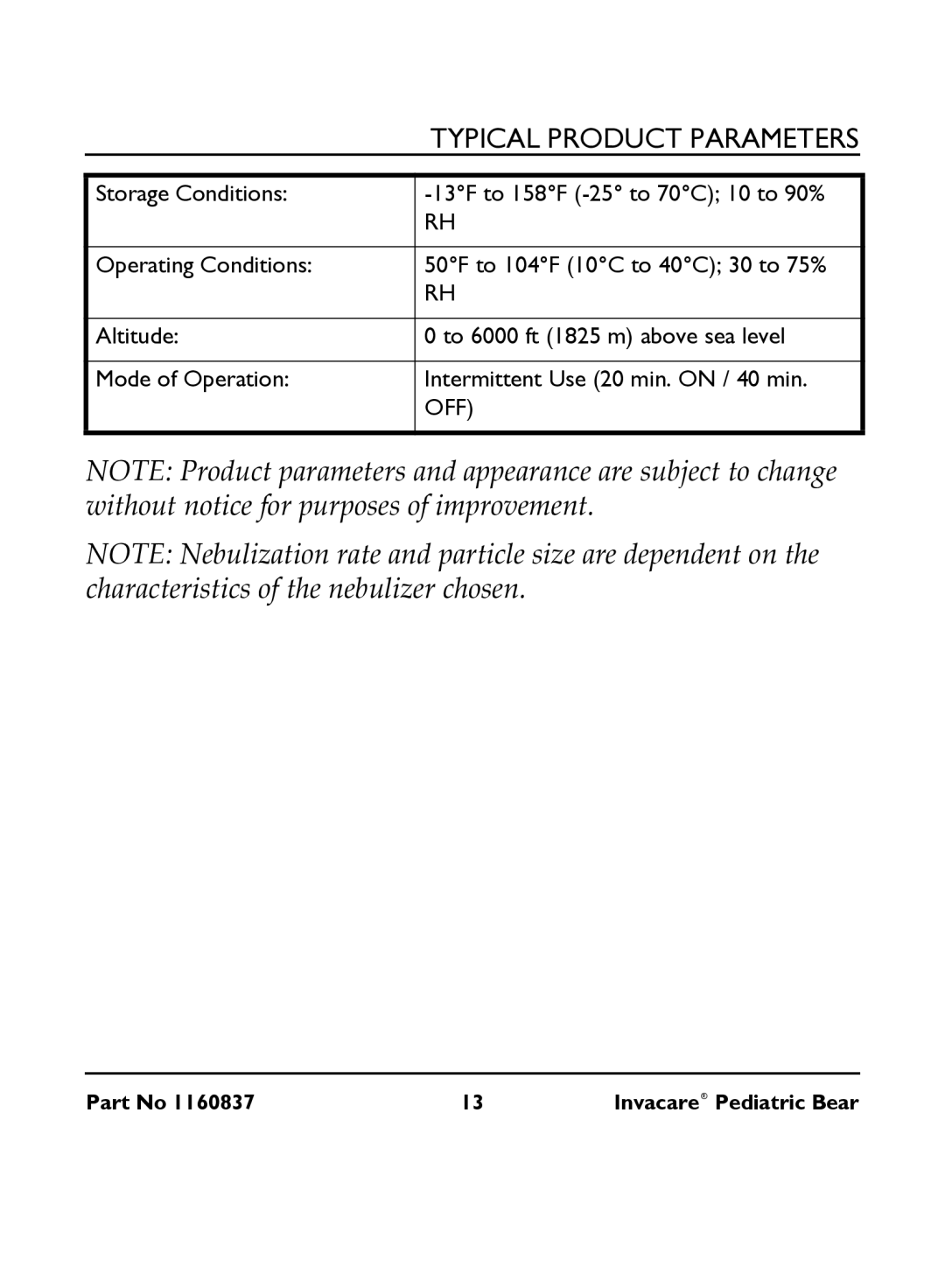 Invacare IRC 1740 manual Typical Product Parameters 