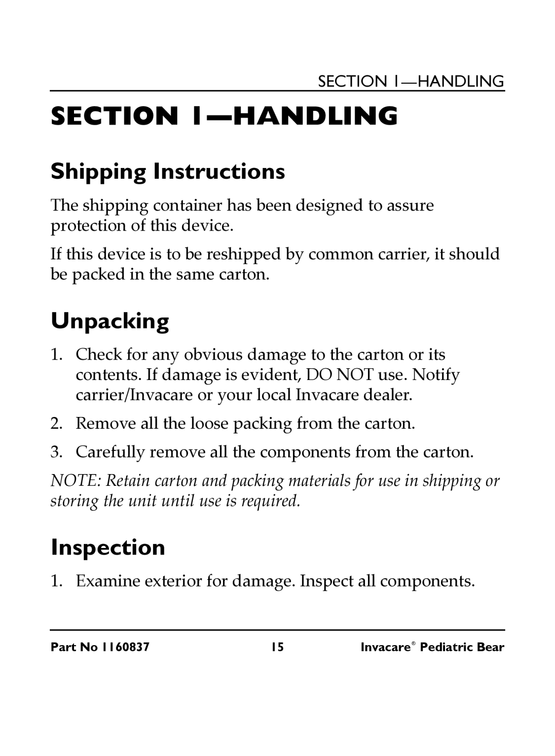 Invacare IRC 1740 manual Handling, Shipping Instructions, Unpacking, Inspection 