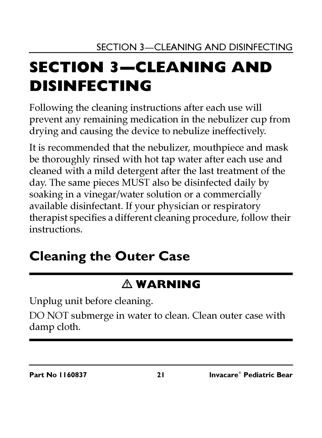 Invacare IRC 1740 manual Cleaning and Disinfecting, Cleaning the Outer Case 