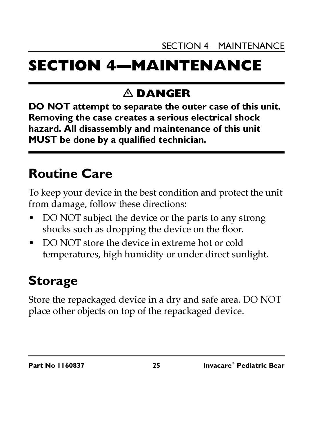 Invacare IRC 1740 manual Maintenance, Routine Care, Storage 