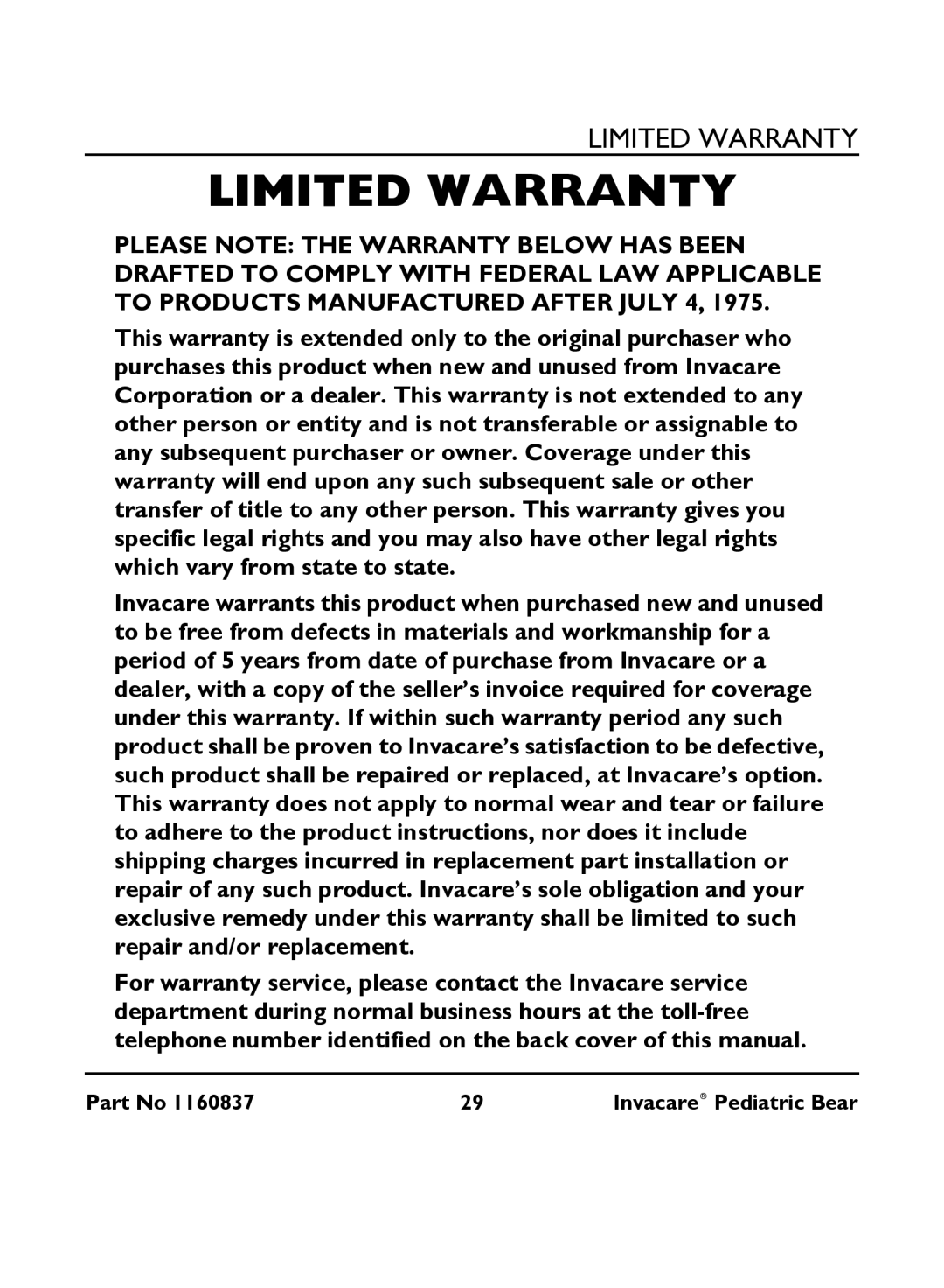 Invacare IRC 1740 manual Limited Warranty 