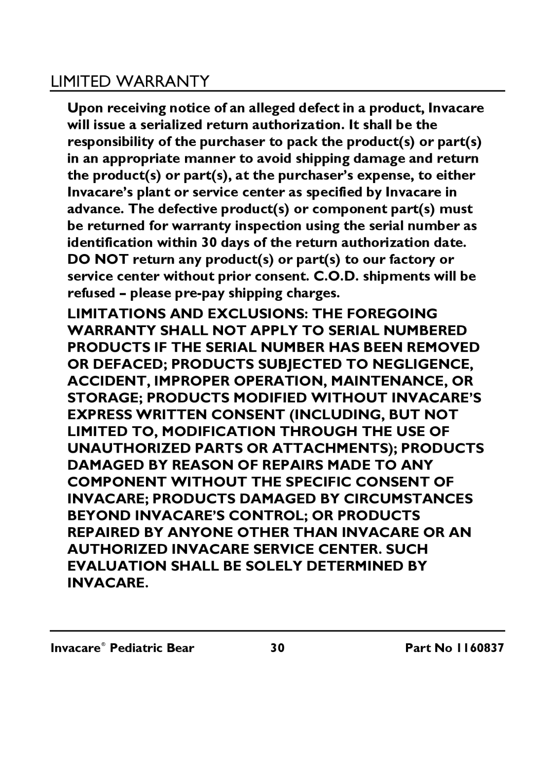 Invacare IRC 1740 manual Limited Warranty 